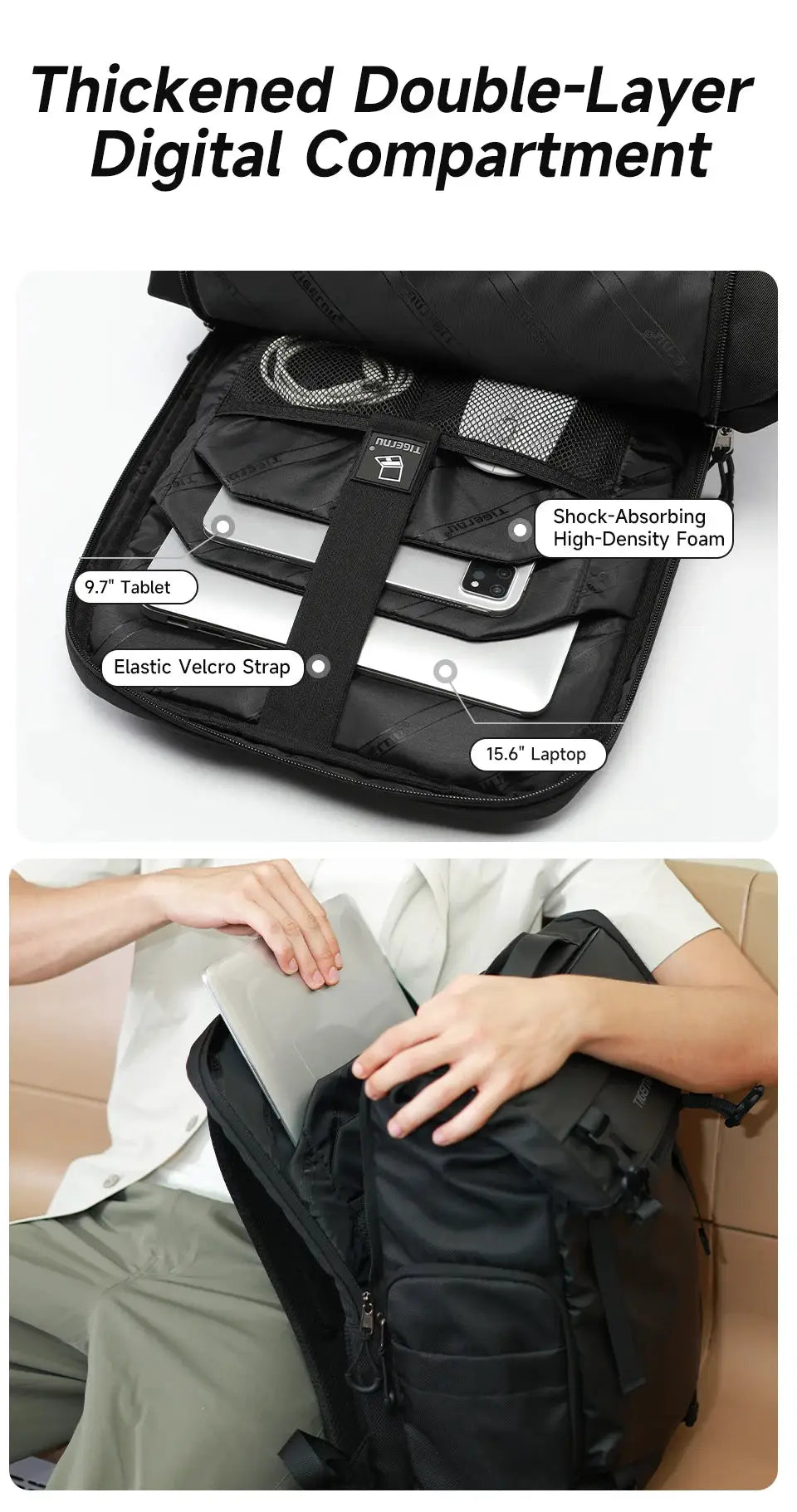 Tigernu travel backpack by Simples Market, black TPU waterproof expandable bag for 15.6in laptop and 9.7in tablet