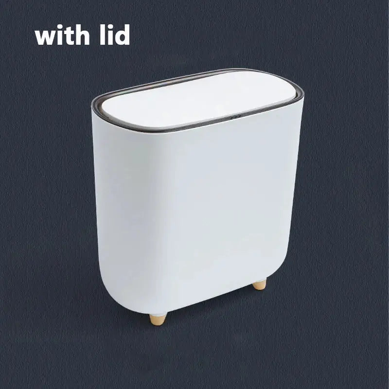 Narrow white bathroom trash can with lid, Simples Market, rounded rectangular shape.