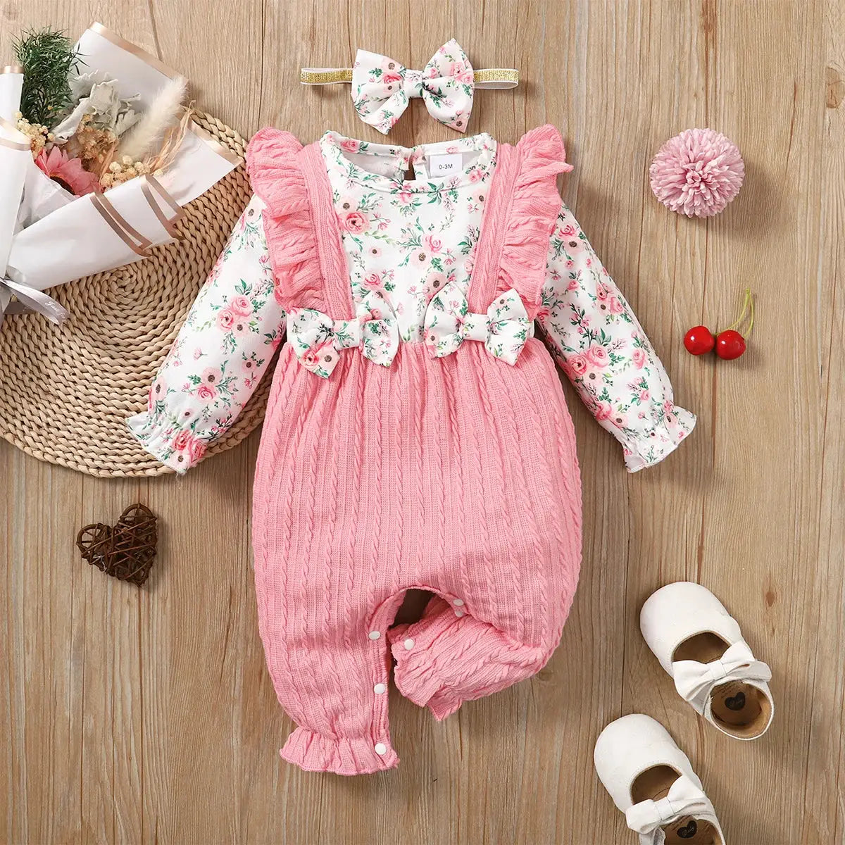 0-18 Months Floral Long Sleeve Baby Girl Romper With Bow Bodysuit And Headband Set For Spring And Autumn