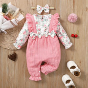 0-18 Months Floral Long Sleeve Baby Girl Romper With Bow Bodysuit And Headband Set For Spring And Autumn