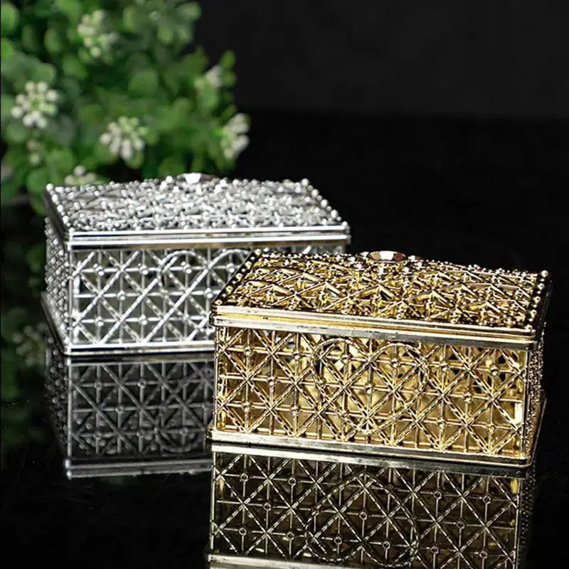 2 Pcs Mini Treasure Storage Jewelry Boxes Silver Color Hollow Flower Pattern Case For Necklace Earrings Ring