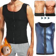 Two items: men's abdomen reducer body shaper sauna vest by Simples Market; black zip-front sleeveless top and blue metallic vest.