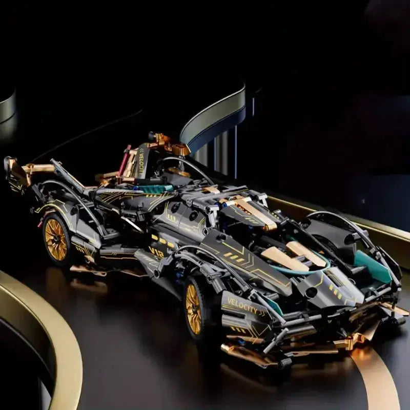V12 Building Block Racing Car Model In Black And Gold Non Electric DIY Desktop Display Piece Birthday Gift For Boyfriend
