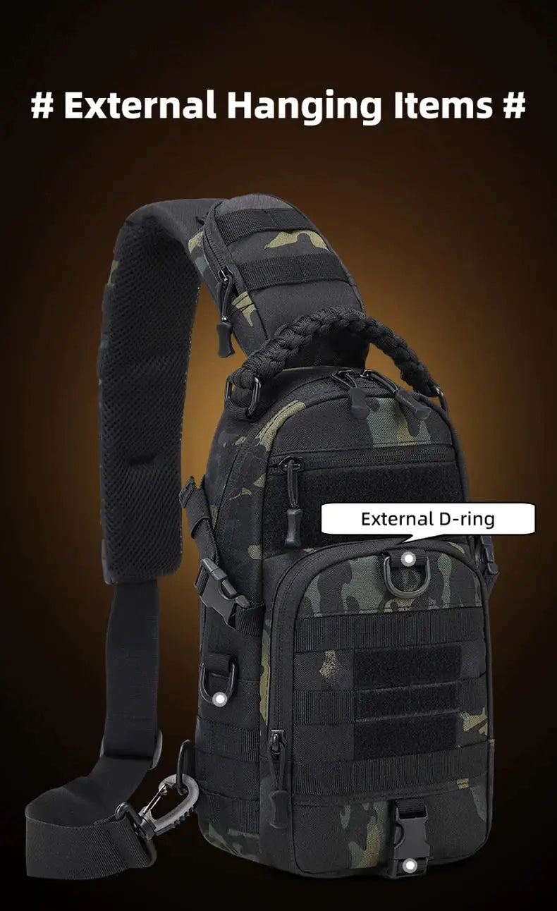 Tactical chest bag with MOLLE system in camo by Simples Market, outdoor sling for camping