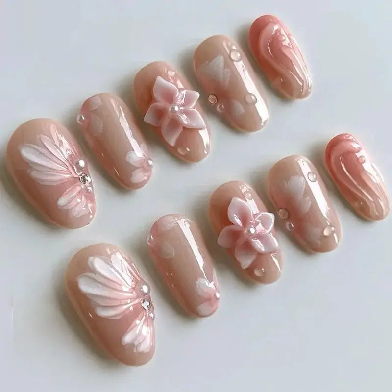 GlamNail Pink Almond Press On Nails Full Coverage Carved Flower 3D Ripple French Tips Golden Pearl Finish