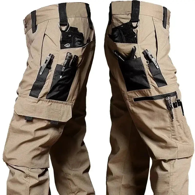 Simples Market tan tactical work pants for men, outdoor cargo trousers with multiple pockets and waterproof fabric