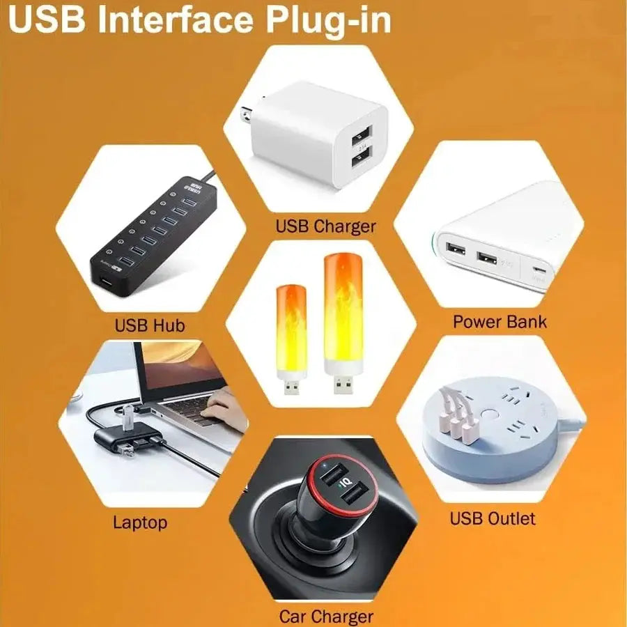 Simples Market USB LED flame light bulbs with flicker; collage shows two bulbs, USB hub, charger, and power bank.