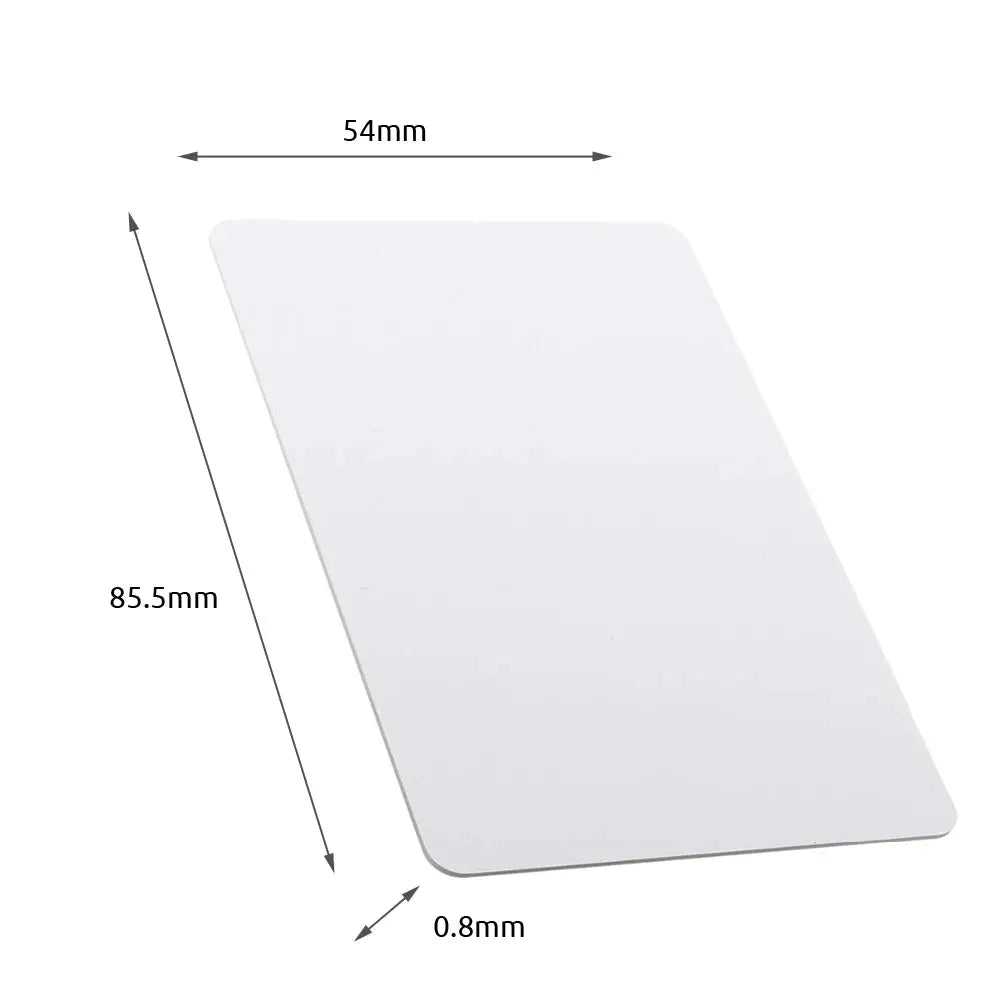 Blank white RFID card, CR80 size 54×85.5mm, 0.8mm thick.
