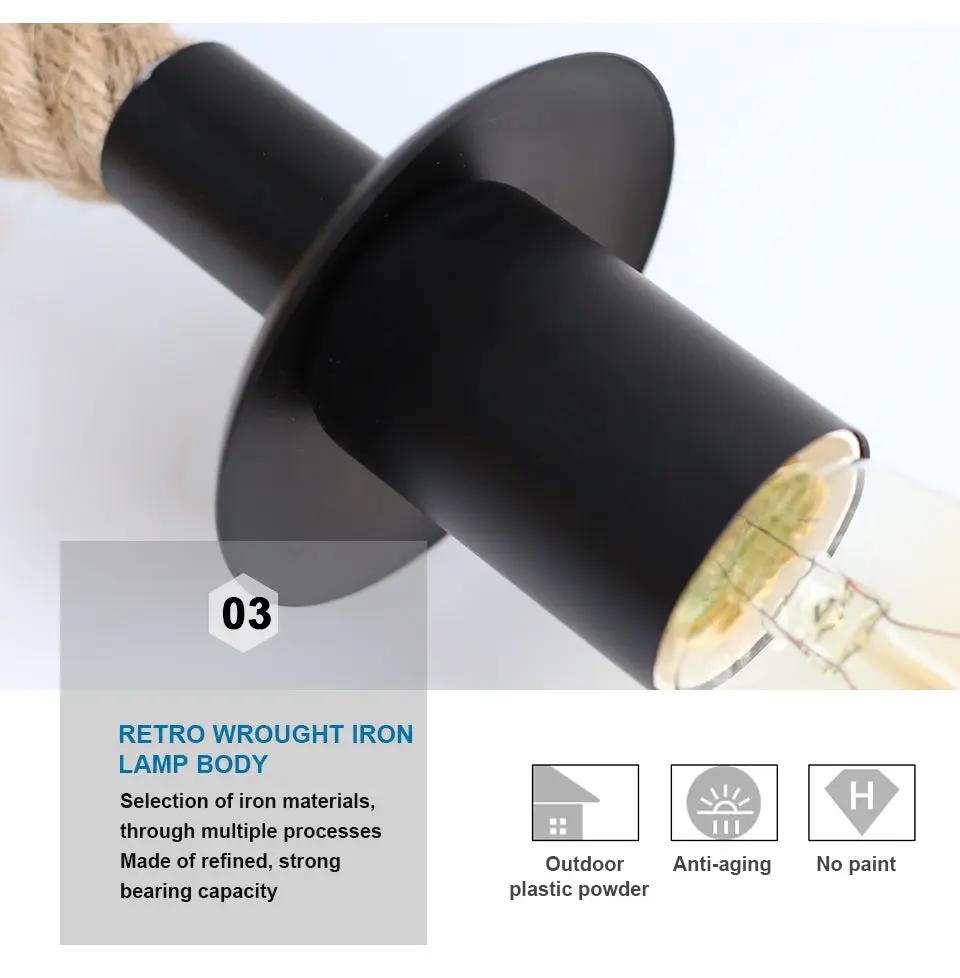 Wall lamp retro hemp rope design in black iron with E27 Edison bulb