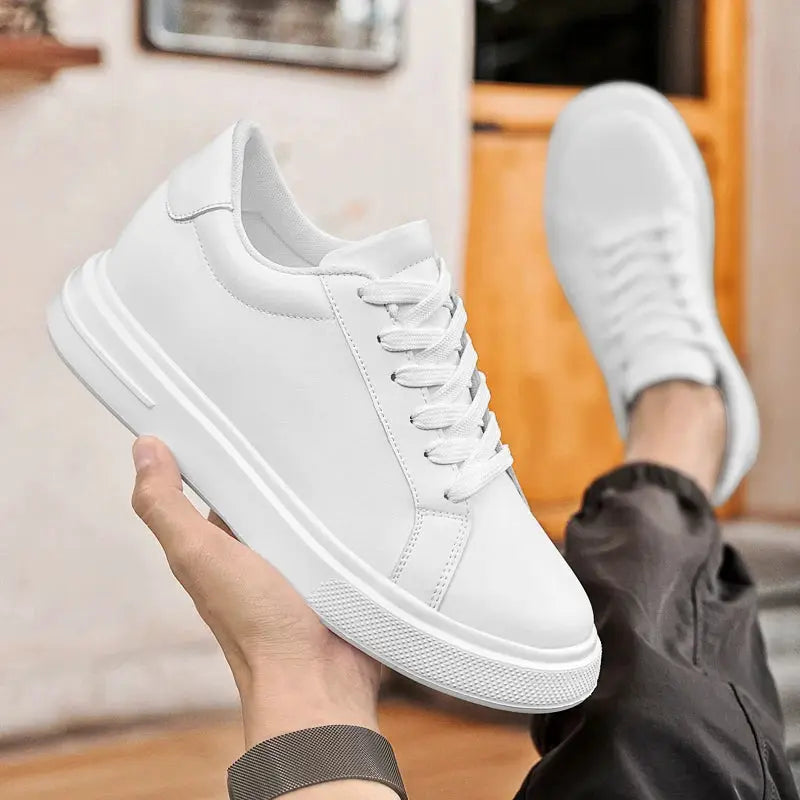 Men's white leather elevator sneakers pair by Simples Market with thick platform sole