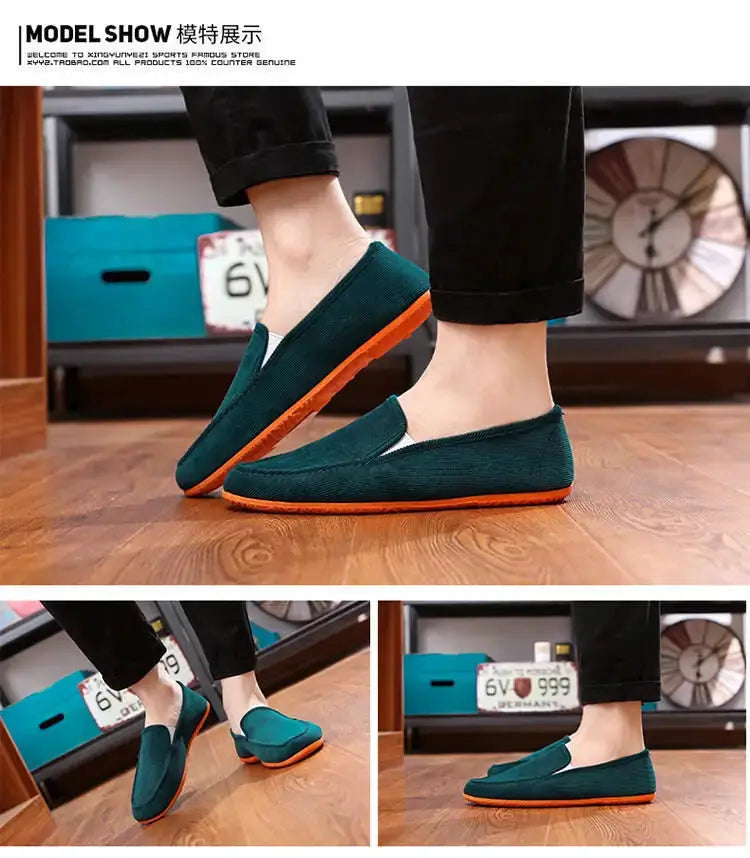 Men's fabric loafers by Simples Market, teal slip-on driving shoes with orange sole