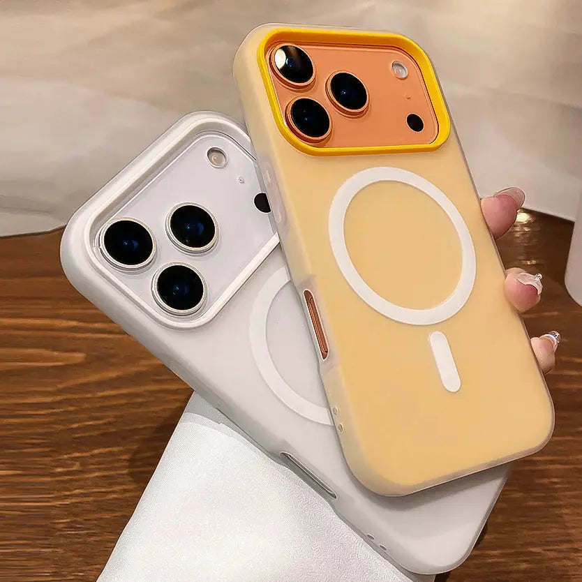 Simples Market luxury 2-in-1 magnetic liquid silicone iPhone cases (2) showing tan/yellow and white/gray variants