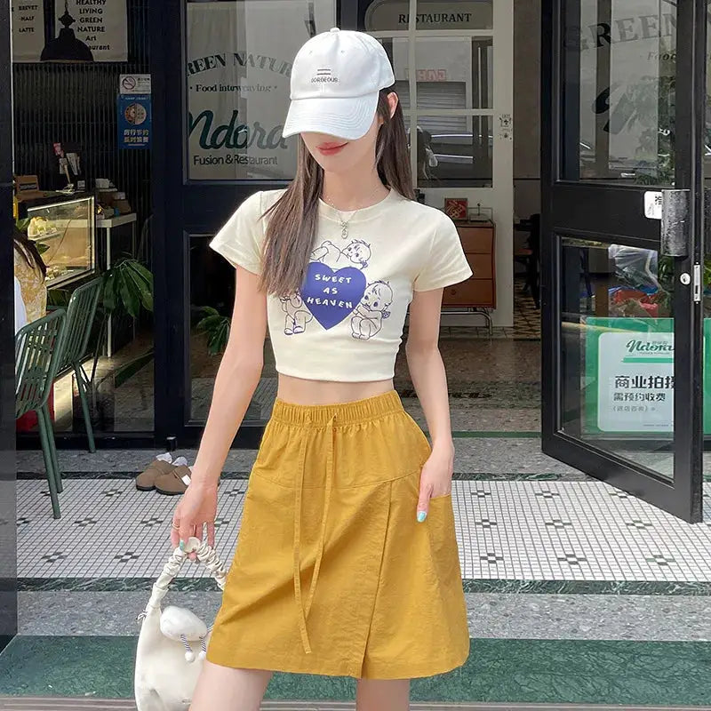 Fake 2 Piece Shorts Skirts for Women mustard yellow high-waist A-line mini skirt