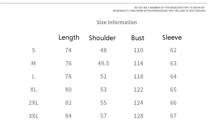 Men's thermal down jacket size chart with length, shoulder, bust, and sleeve measurements (S–3XL)