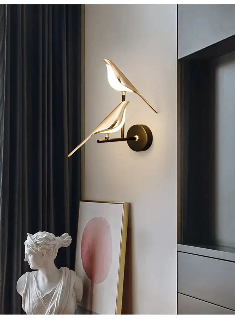 Modern LED wall lamp with two bronze magpie bird sconces for bedroom or living room