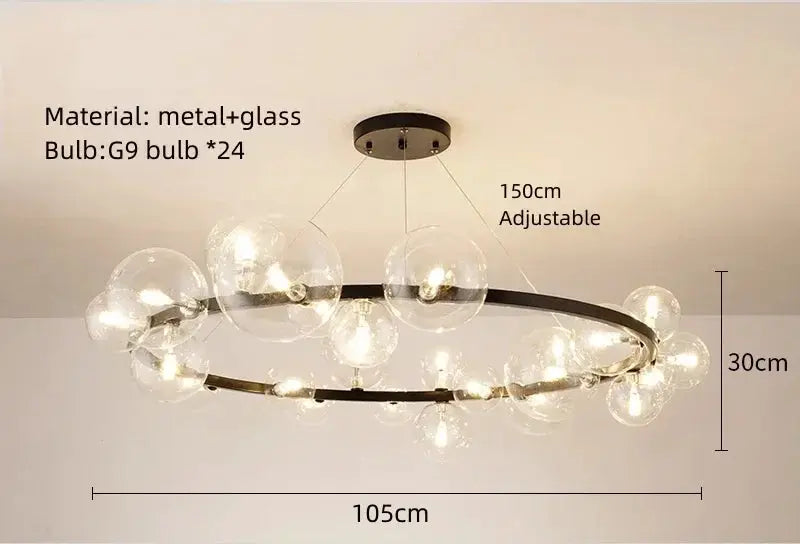 Simple chandelier with metal and glass globes, 24 G9 bulbs, 105 cm long, adjustable up to 150 cm
