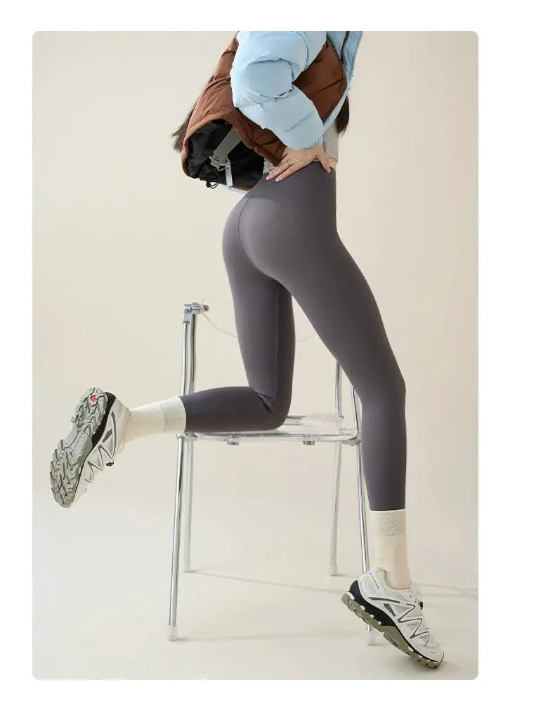 BIVIGAOS fleece-lined sharkskin leggings for women in gray; warm, thick tights.