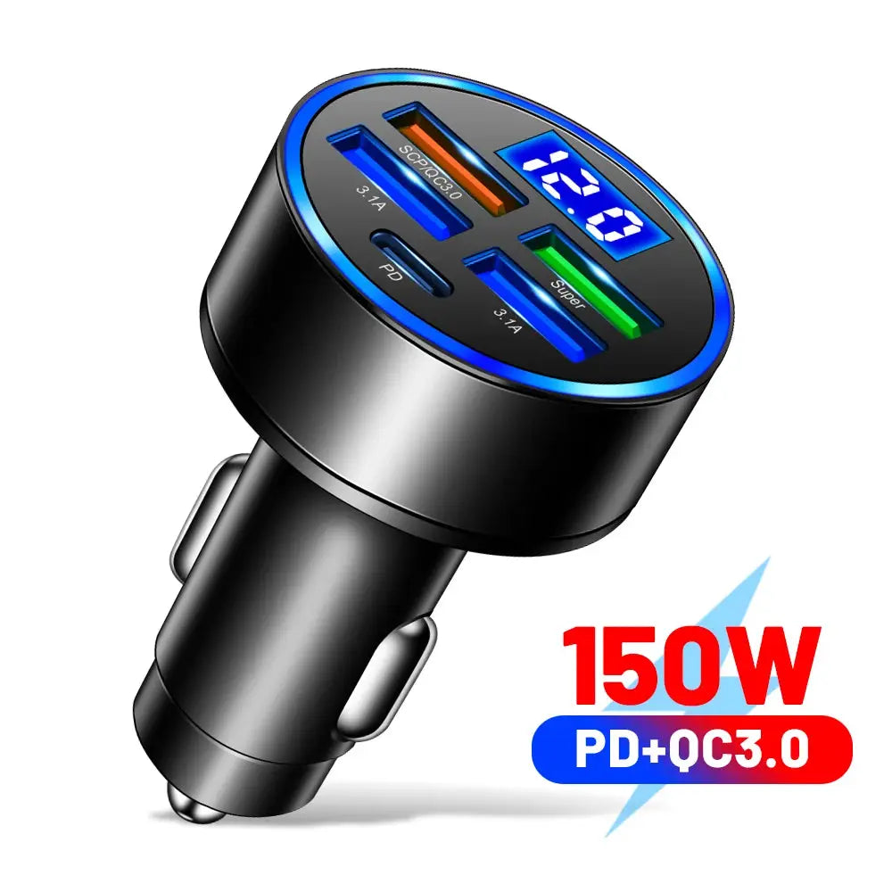 66-250W PD Car Charger QC3.0 Fast Charge One To Six Car Cigarette Lighter Plugs With Digital Display