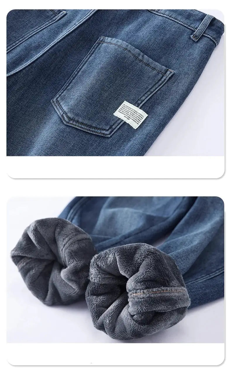 Men's dark blue fleece jeans with plush inner lining; loose straight fit by Simples Market.