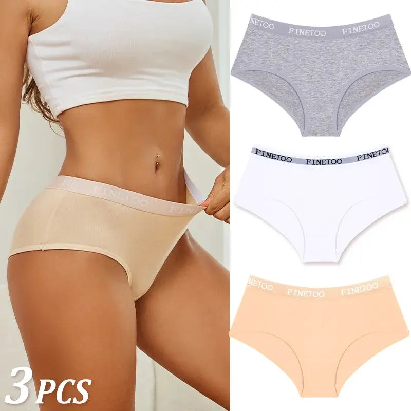 3pc women's cotton briefs set with FINETOO waistband; gray, white and peach colors