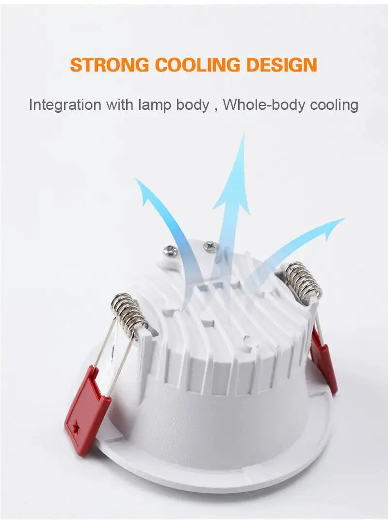 Round white LED recessed downlight with metal cooling fins and red spring clips.
