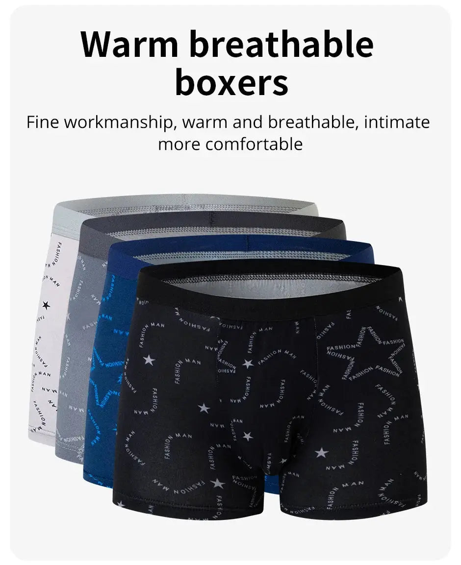 Four-piece set of men's printed boxer briefs in black, blue, gray and white with star and fashion text patterns