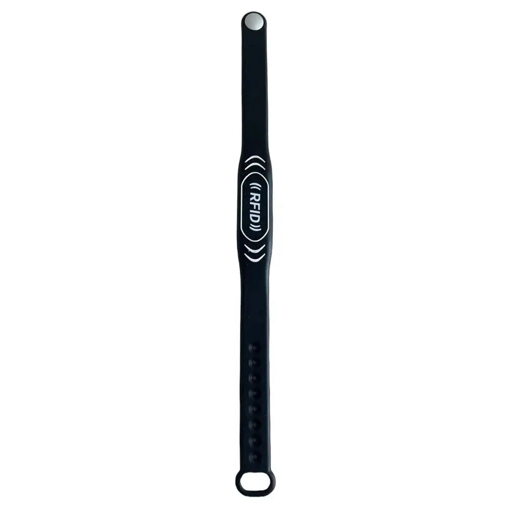 Black RFID Gen2 keyfob badge, rewritable 13.56MHz with flexible strap and hanging loop
