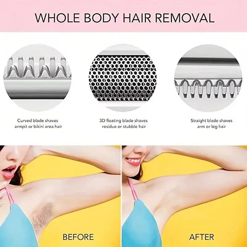 HOMEFISH 4-in-1 electric lady shaver for whole-body hair removal with curved, 3D floating, and straight blade heads.