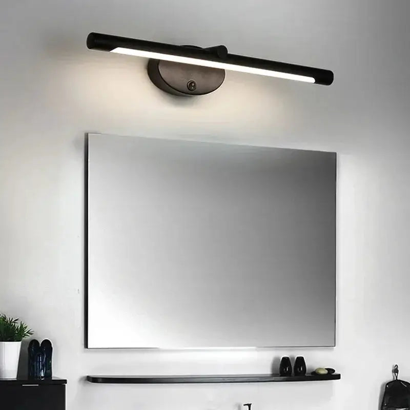 Modern LED indoor wall lamp bar with touch switch, black metal minimalist sconce above bathroom mirror