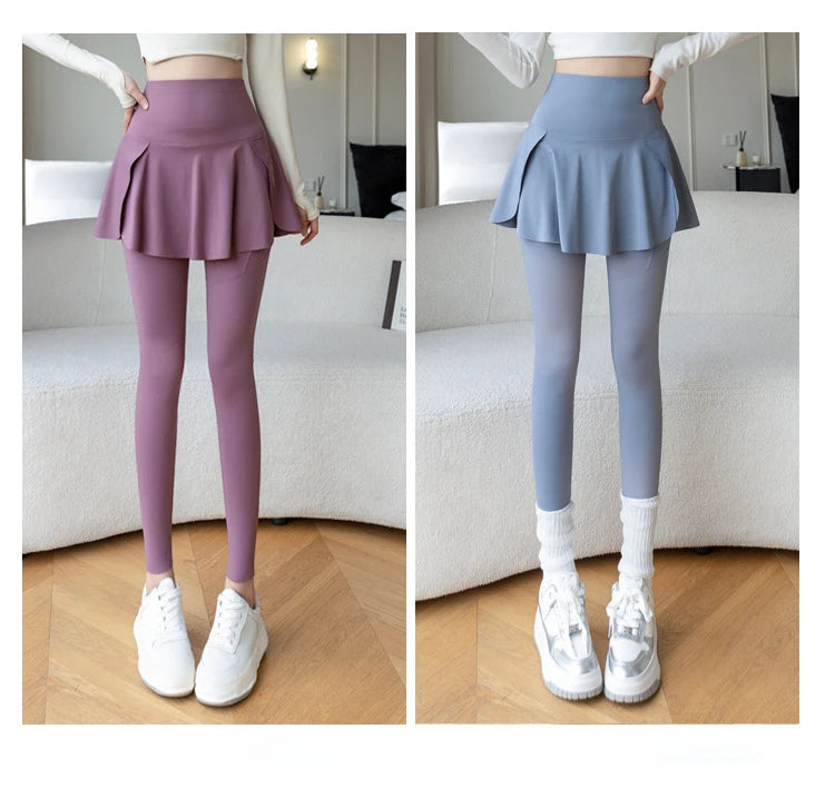 Women fake two-piece leggings by Simples Market; seamless high-waisted yoga pants with skirt overlay in purple and blue.
