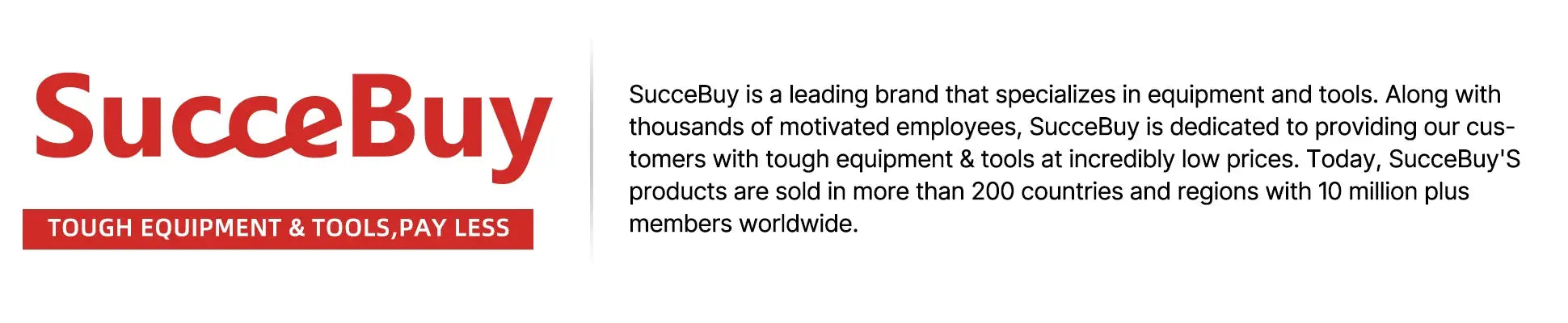SucceBuy brand logo with tagline Tough Equipment & Tools, Pay Less and company description.