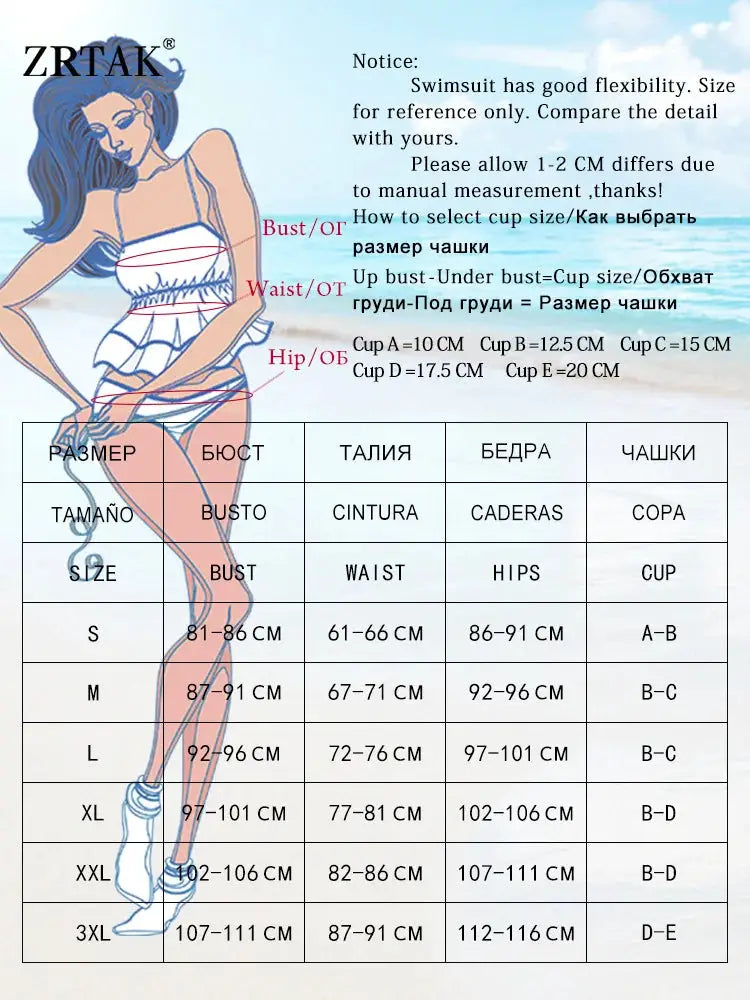 ZRTAK white bikini swimsuit with blue trim by Simples Market, displayed with size chart