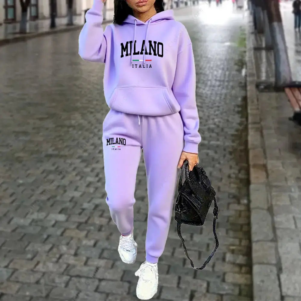 Autumn Winter 2pc Hoodie Pants Tracksuit Milano Letter Print Aesthetic