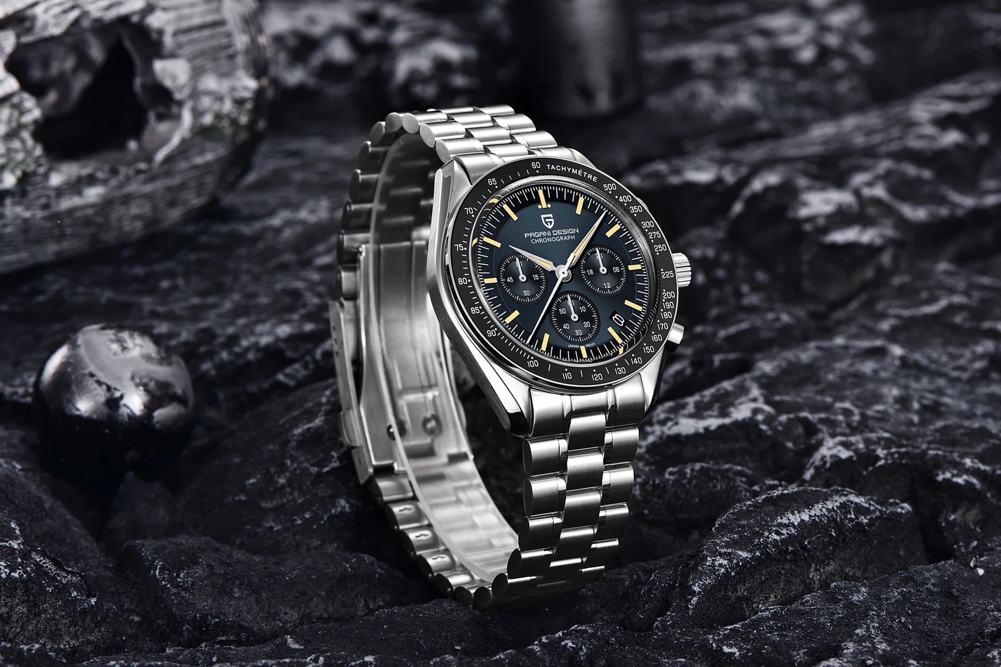 Pagani Design chronograph watch for men; stainless steel bracelet, dark blue dial, tachymeter bezel.