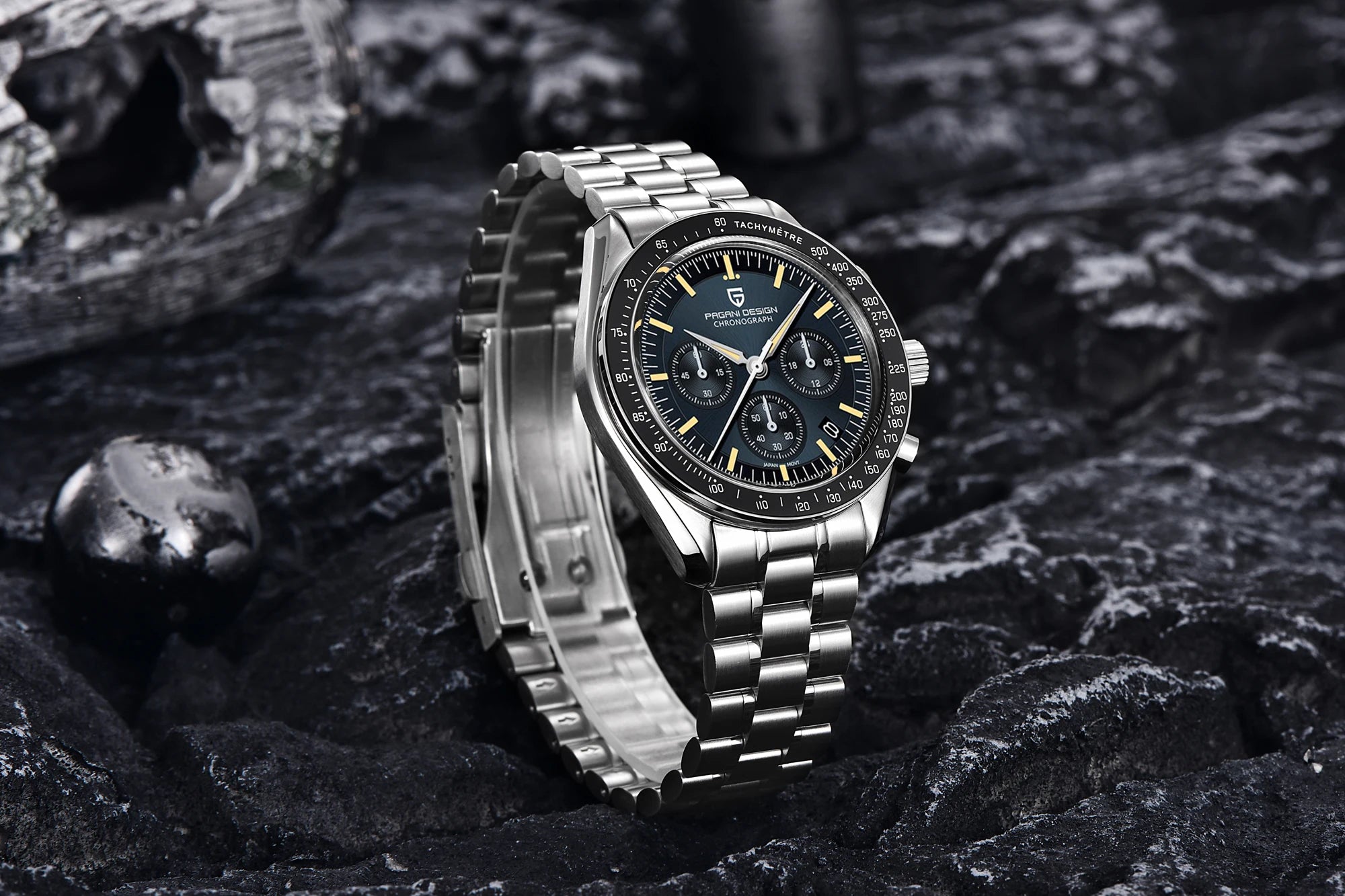 Pagani Design chronograph watch for men; stainless steel bracelet, dark blue dial, tachymeter bezel.