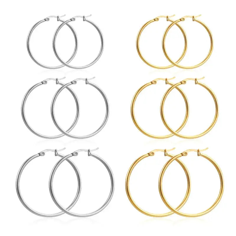 Hoop earrings set: six stainless steel hoops in silver and gold tones