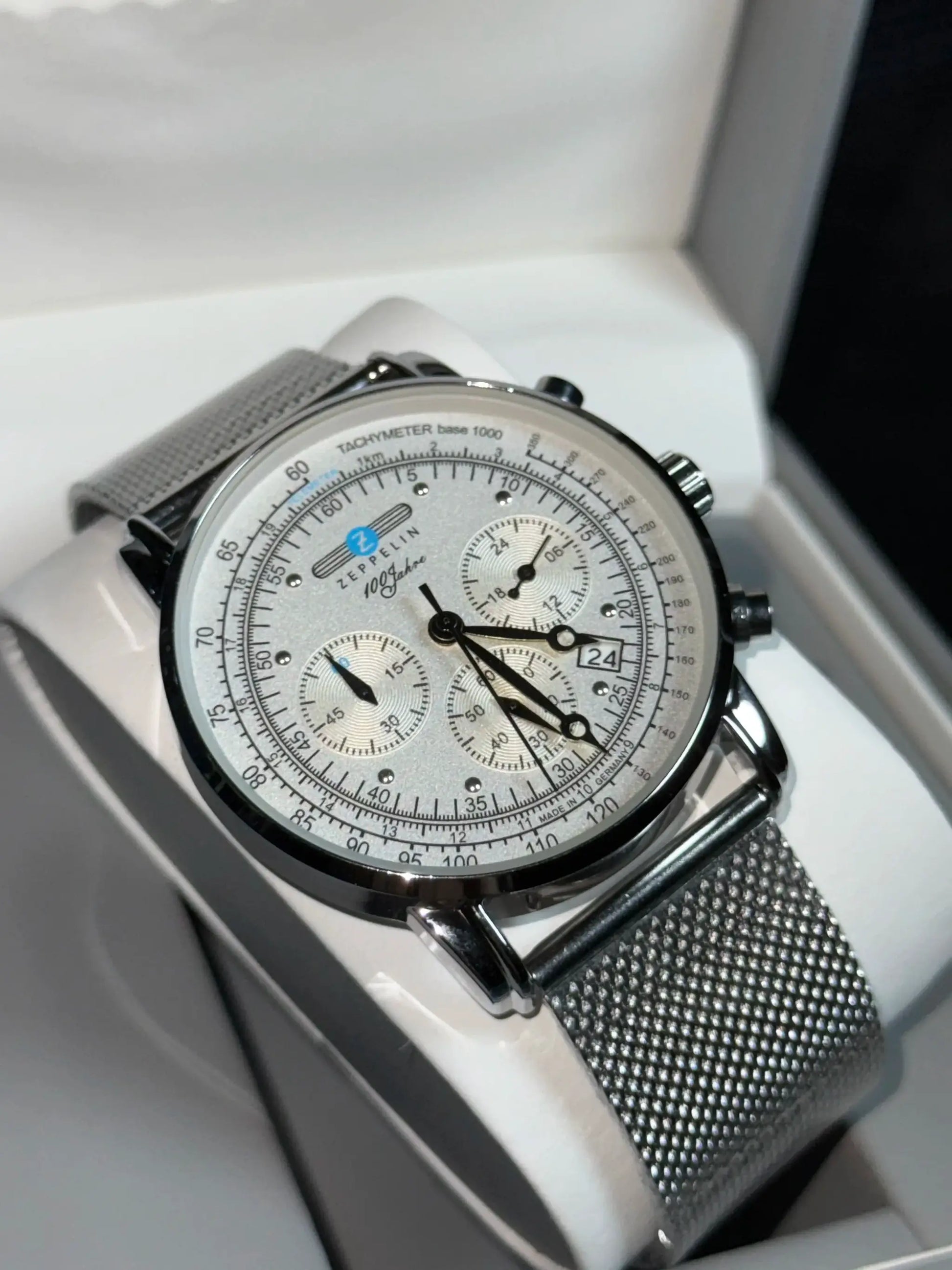 Zeppelin men's automatic chronograph watch with silver dial and stainless mesh strap