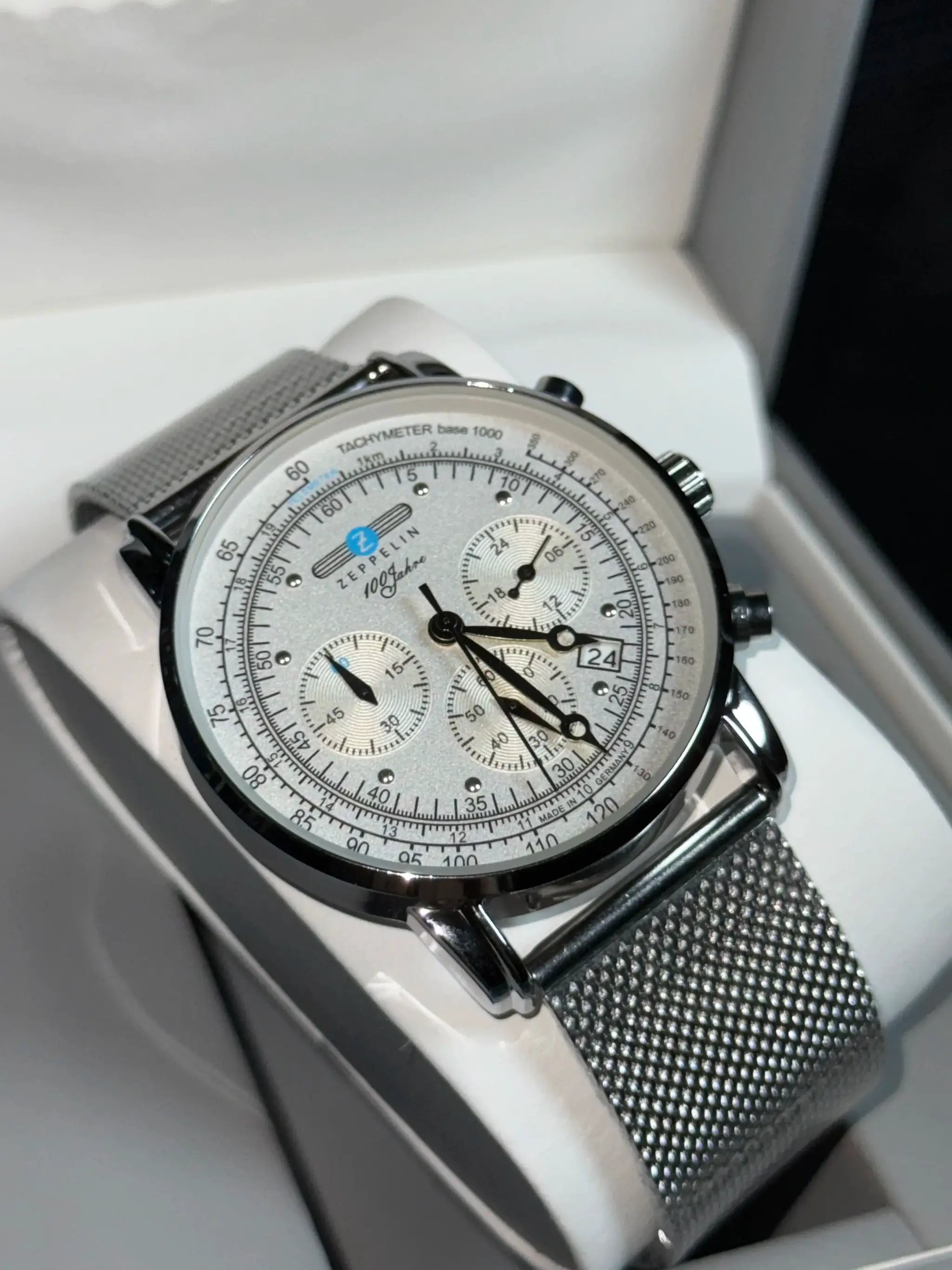 Zeppelin men's automatic chronograph watch with silver dial and stainless mesh strap