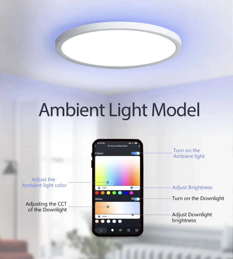 Ultra-thin circular white ceiling light with blue ambient glow, RGB dimmable via Tuya app.