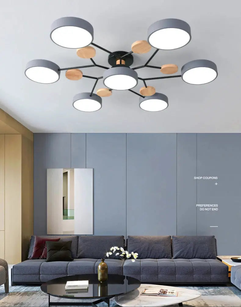 Simples Market Modern LED Chandelier, gray circular ceiling lamp with wood accents, Nordic living room light.