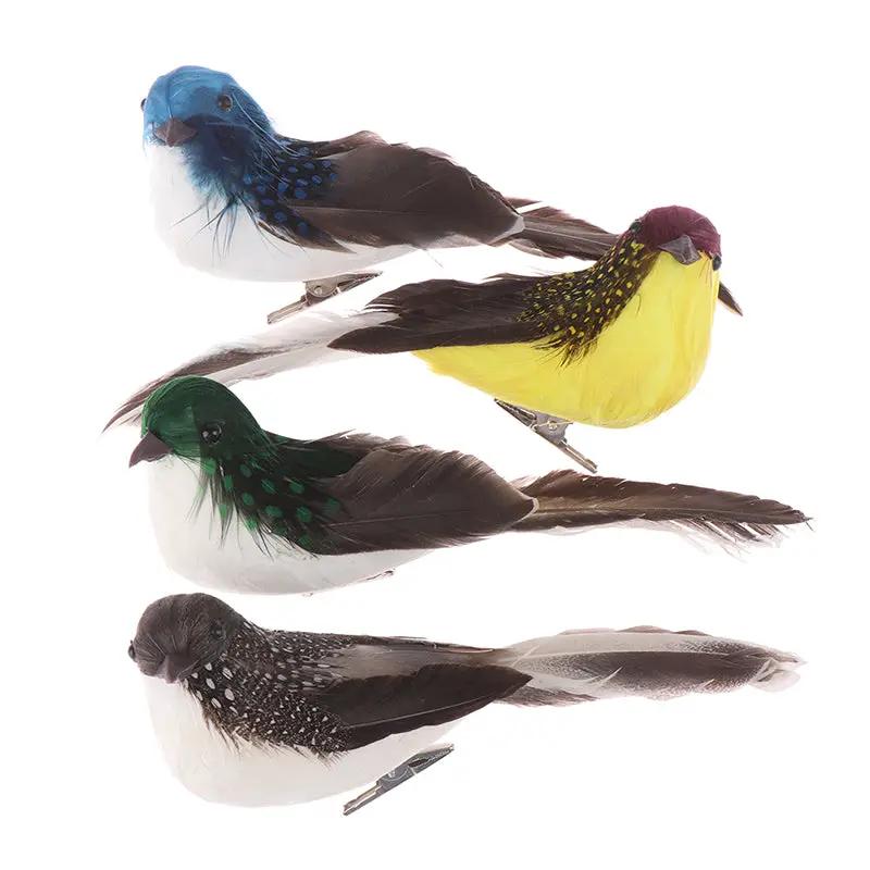 Artificial feather birds 4-pack for garden decor in blue, yellow, green, brown Simples Market