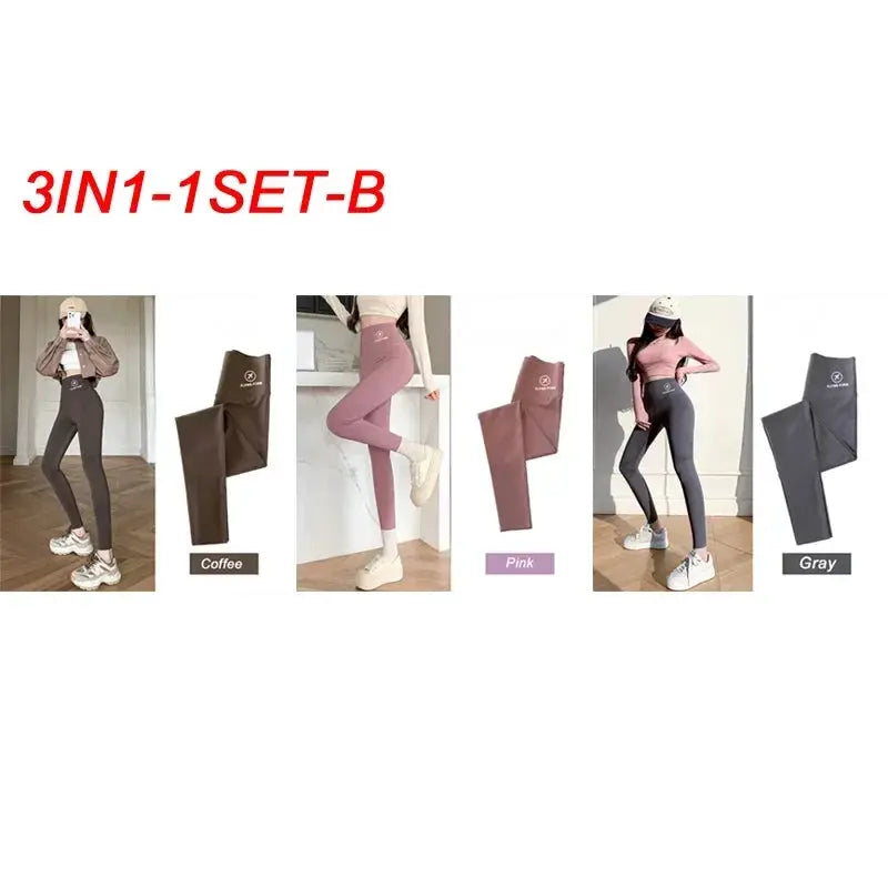 Shark pants set for women by Simples Market; 3-in-1 high-waisted yoga tights in coffee, pink, gray (M-XL)