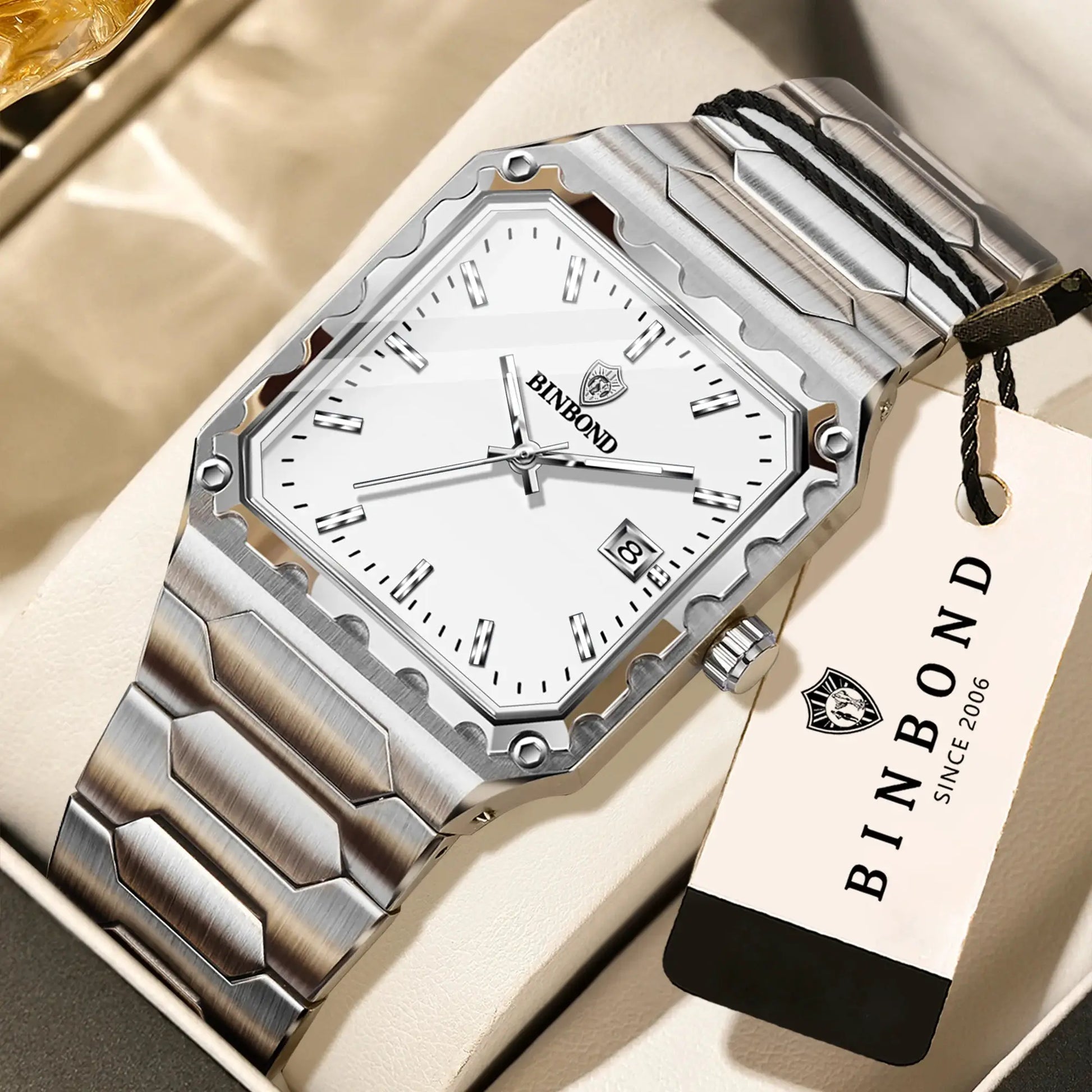 Men's BINBOND stainless steel luxury quartz watch with white dial