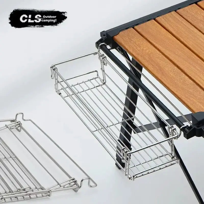 Outdoor aluminum table side storage rack with two hanging mesh baskets, silver metal; CLS logo visible