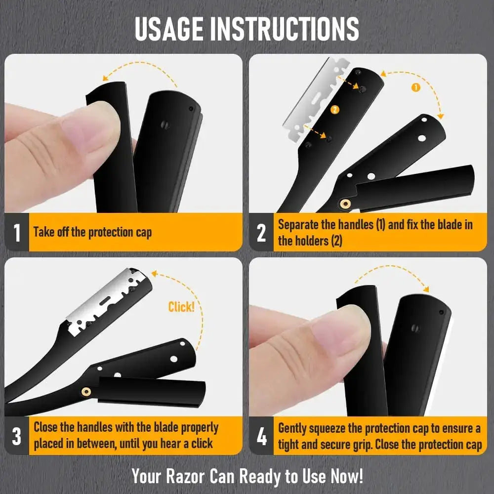 Classic Black Folding Barber Razor Stainless Steel Shaver For Face Underarms And Pubic Hair