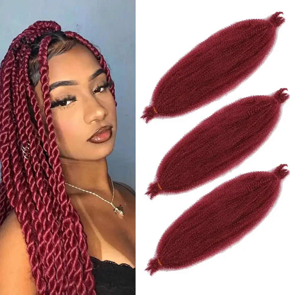 Simples Market Soft Spring Afro Twist Hair 22in Marley crochet braiding hair in burgundy, 3-pack shown