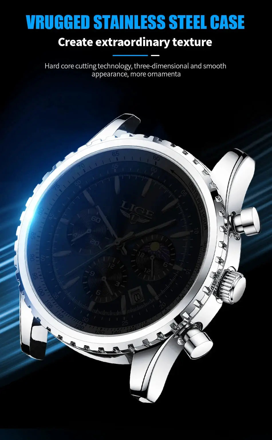 LIGE men's luxury chronograph watch, stainless steel case, dark dial