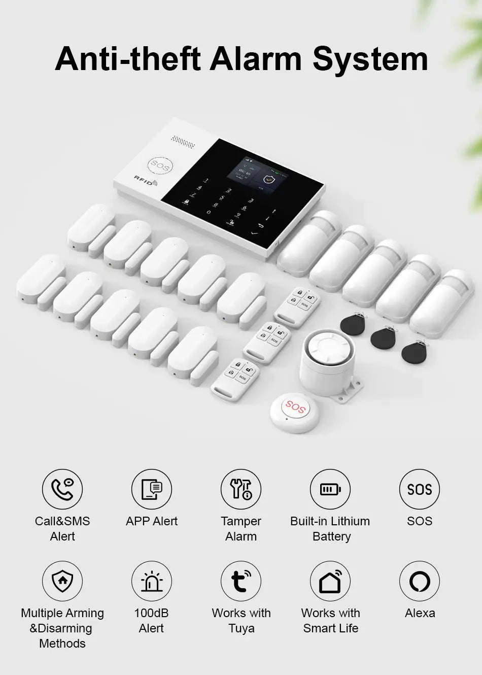 PGST WiFi 2G GSM Home Alarm System Kit - white, Tuya-compatible security with main panel, door sensors, SOS button