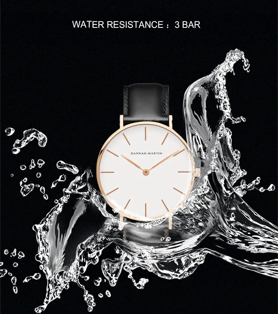 HANNAH MARTIN women's wristwatch with rose gold case, white dial and black leather strap, water resistant 3 bar