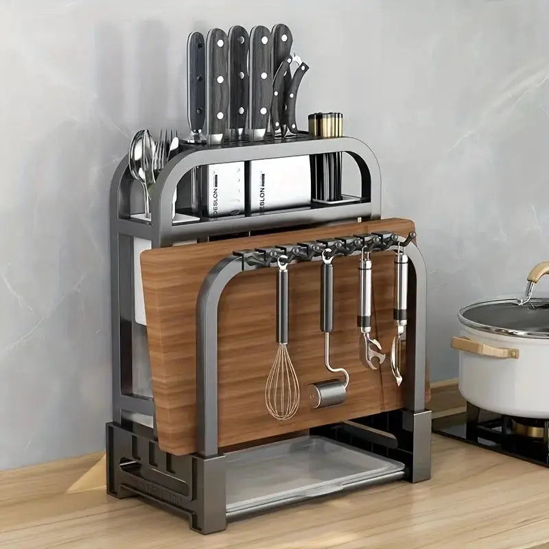 Stainless Steel Knife Holder Kitchen Rack With Integrated Cutting Board Storage For Efficient Countertop Organization